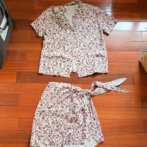 Floral Short-Sleeve skirt Set in Pink/White